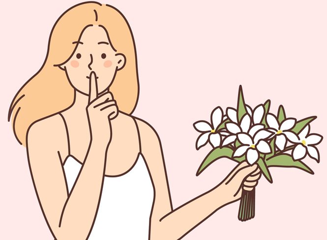 쉿 손짓을 하며 흰 꽃다발을 든 여성 일러스트